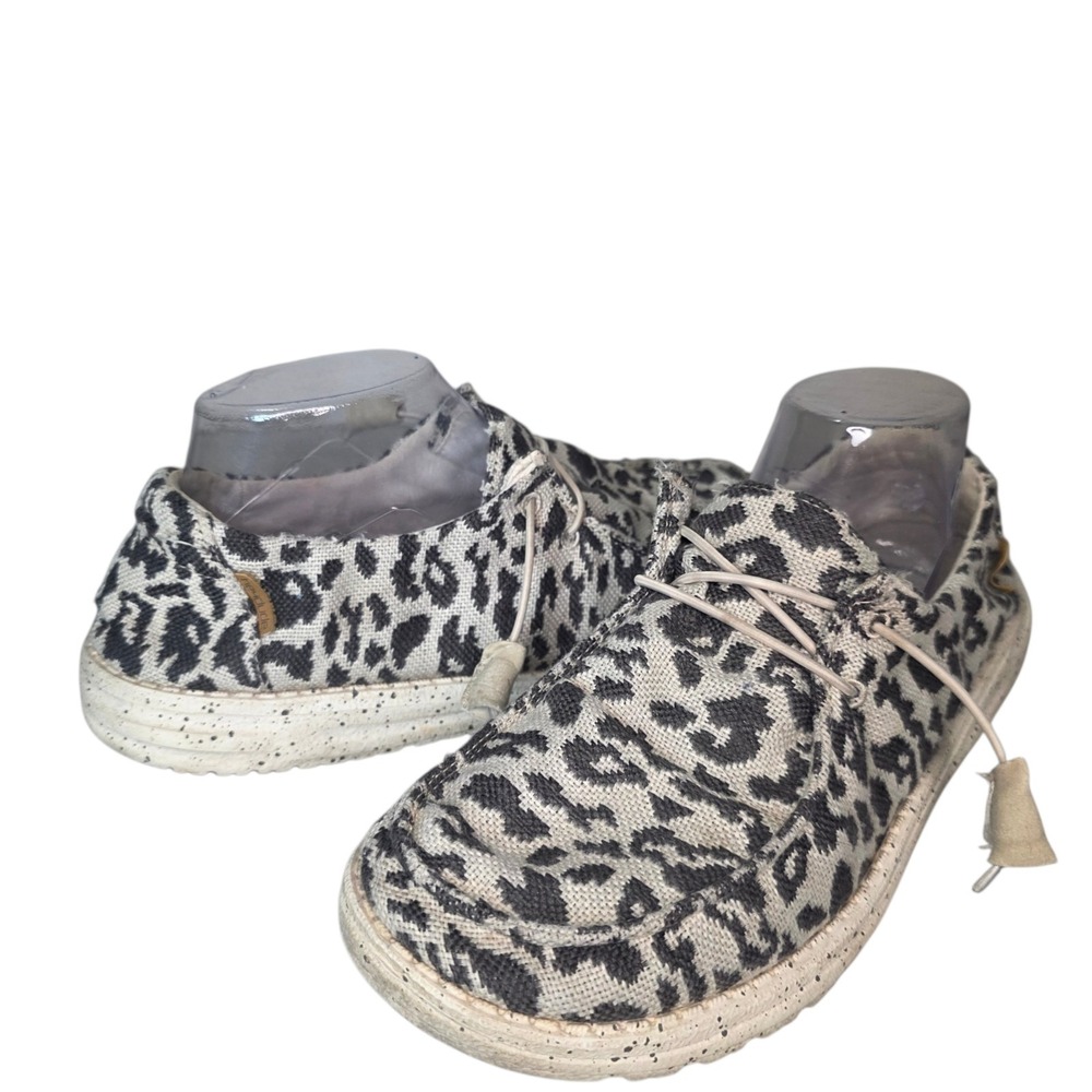 Hey Dude Wendy Womens 9 Gray Woven Cheetah Print Lace Up Flat Slip on Shoes